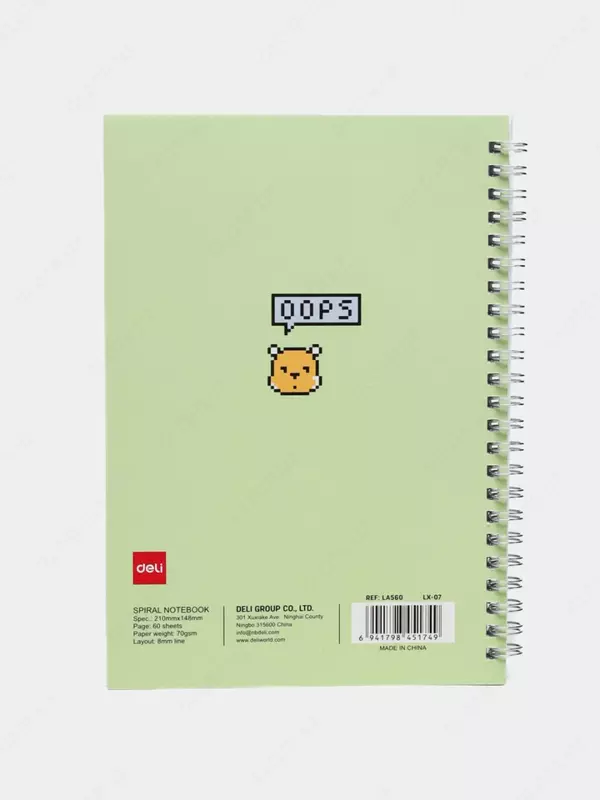 Блокнот (линия) "Deli OOPS!" А5, 60 л., твердая обложка, металлич. спираль (Арт. - 560-ELA-LX-07) Зеленый