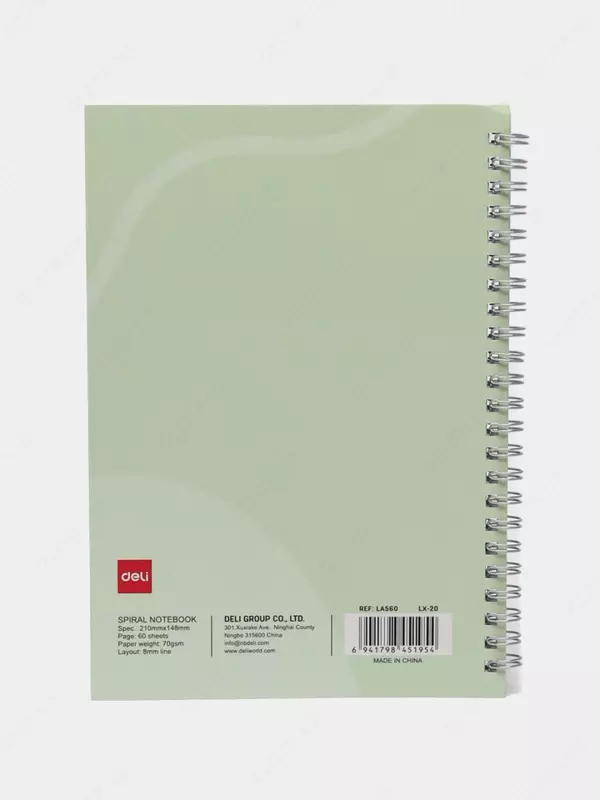 Блокнот (линия) "Deli Light and Airy" А5, 60 л., твердая обложка, металлич. спираль (Арт. - 560-ELA-LX-20) Светло-зеленый