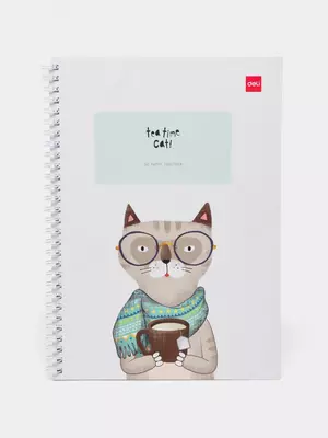Блокнот (линия) "Deli Tea time Cat" Бурый кот, В5, 60 л., твердая обложка, пласт. спираль (Арт. - 560-ELB-LX-11)