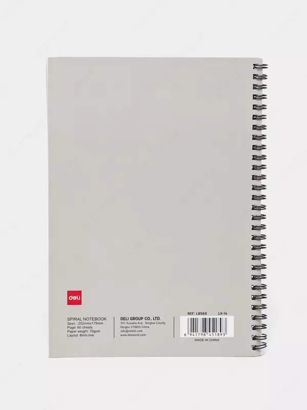 Noutbuk (chiziq) "Deli ABCD Grey B5, 60 l., qattiq qopqoq, plastik spiral (Art. - 560-ELB-LX-14) Kulrang