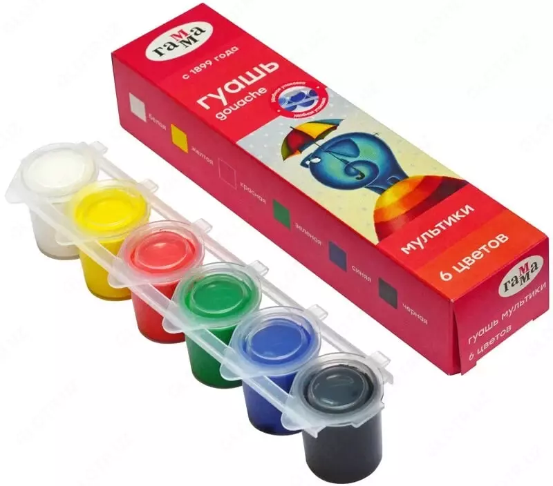 "Gamma" cho'tkasi bilan badiiy gouache Multfilmlar, 6 ta rang, 15 ml, plastmassa. blokli konteyner, karton. paket. (- 100222-6-modda)