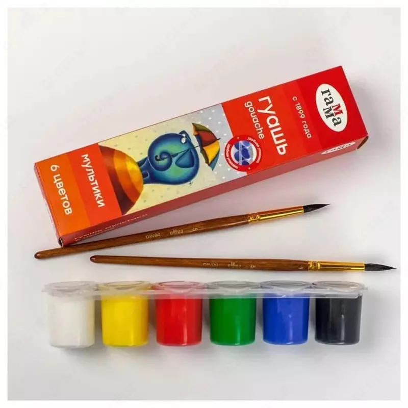 "Gamma" cho'tkasi bilan badiiy gouache Multfilmlar, 6 ta rang, 15 ml, plastmassa. blokli konteyner, karton. paket. (- 100222-6-modda)