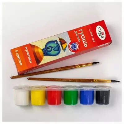 "Gamma" cho'tkasi bilan badiiy gouache Multfilmlar, 6 ta rang, 15 ml, plastmassa. blokli konteyner, karton. paket. (- 100222-6-modda)