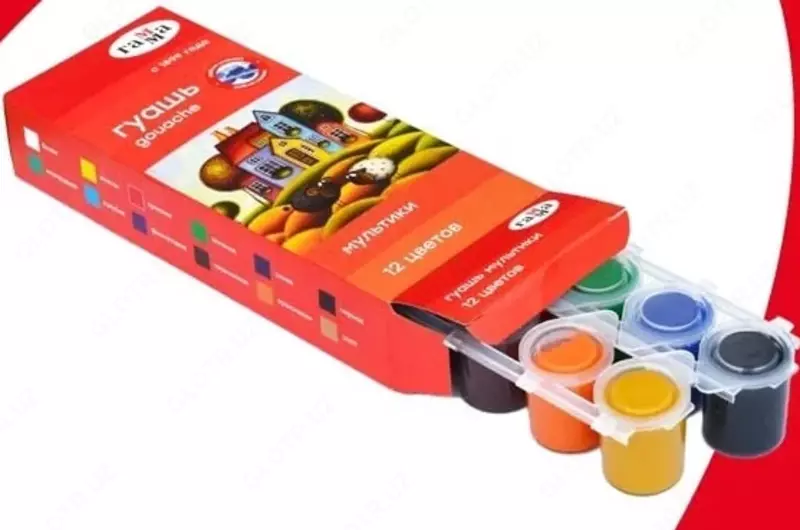 Художественная гуашь "Гамма" Мультики, 12 цветов, 15 мл, пласт. блок-тара, картон. упак. (Арт. - 100222-12)