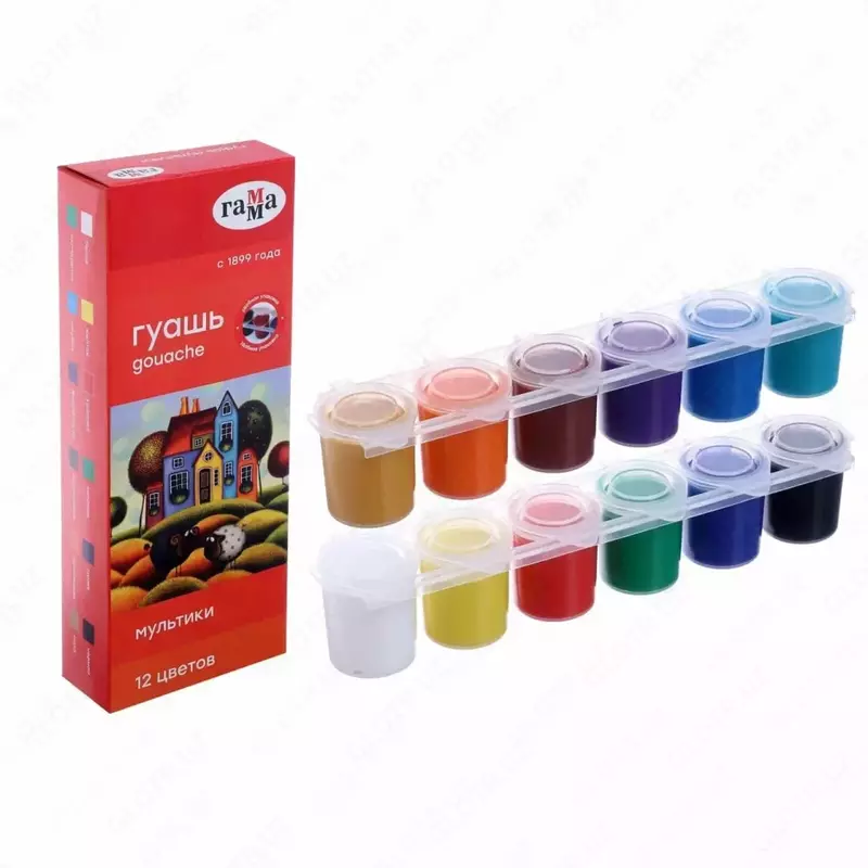 Художественная гуашь "Гамма" Мультики, 12 цветов, 15 мл, пласт. блок-тара, картон. упак. (Арт. - 100222-12)