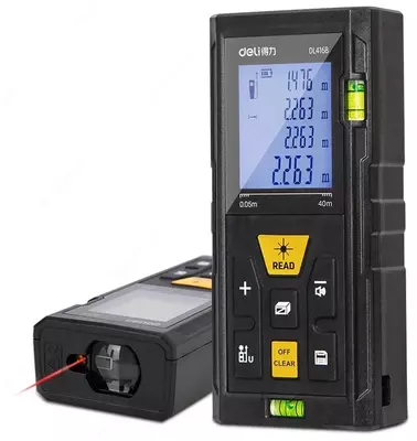 Лазерный дальномер "Deli Tools" 5 см-40 м, точность 3 мм, дисплей 1,7", авто. отключение (Арт. - EDL4168) Черный/Желтый