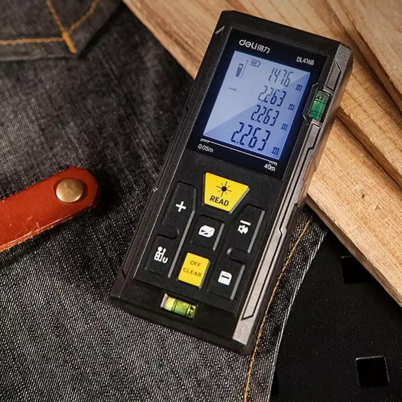 Лазерный дальномер "Deli Tools" 5 см-40 м, точность 3 мм, дисплей 1,7", авто. отключение (Арт. - EDL4168) Черный/Желтый