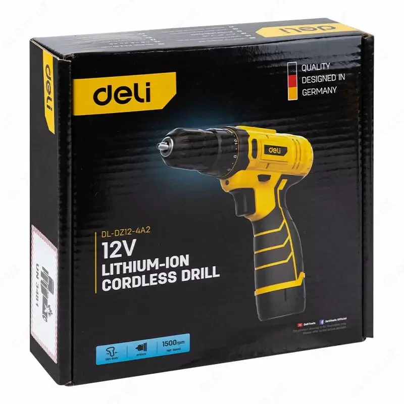 Дрель-шуруповерт (аккумуляторная) "Deli Tools", 12W, D патрона 1-10 мм, 1500 об/мин (Арт.-EDL-DZ12-4A2) Желтая/черная