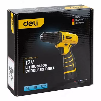 Дрель-шуруповерт (аккумуляторная) "Deli Tools", 12W, D патрона 1-10 мм, 1500 об/мин (Арт.-EDL-DZ12-4A2) Желтая/черная