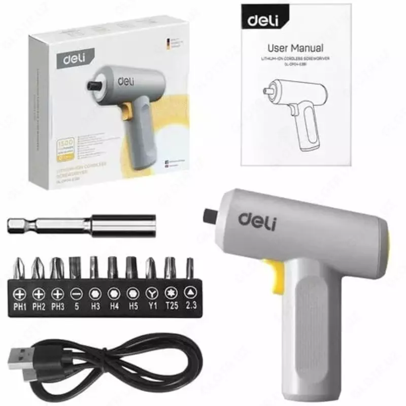 Дрель-отвертка (аккумуляторная) "Deli Tools", 3.6W, аккум.1,5 Ач, 5Нм, 250 об/мин, 10 бит (Арт.-EDL-DP04-E3B1) Серая