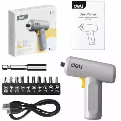 Дрель-отвертка (аккумуляторная) "Deli Tools", 3.6W, аккум.1,5 Ач, 5Нм, 250 об/мин, 10 бит (Арт.-EDL-DP04-E3B1) Серая