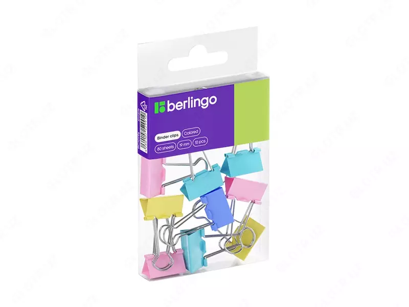 Металлический Зажим для бумаг "Berlingo" легкое нажатие 19 мм, ПВХ уп., 10 шт. (Арт.- BC1019e) Цв. ассорти