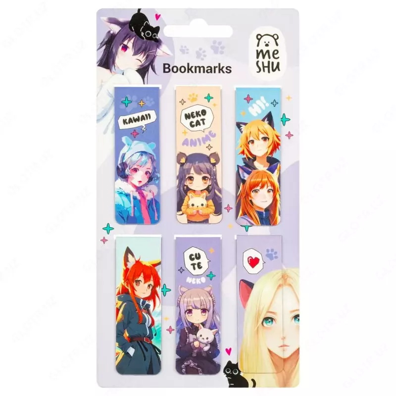 Дизайнерская закладка-магнит для книг "MESHU" Neko, 170 х 90 мм, 6 шт., глянц. ламинация (Арт.- MS_58945)