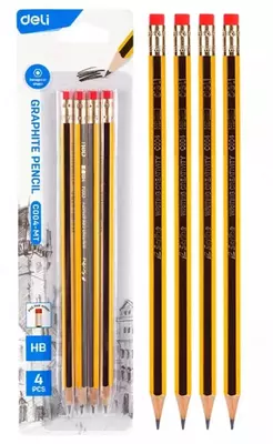 Чернографитный карандаш с ластиком "Deli" EC004-MT, НВ, дерево, 4 шт. (Арт. - 004-MT-EC)