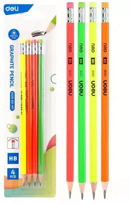 Grafit qalam o'chirgichli "Deli" Neon, HB, yog'och, blister, 4 dona. (Art. - 51600-MT-EU) Assortiment