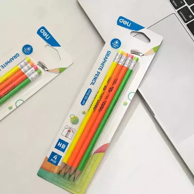 Grafit qalam o'chirgichli "Deli" Neon, HB, yog'och, blister, 4 dona. (Art. - 51600-MT-EU) Assortiment