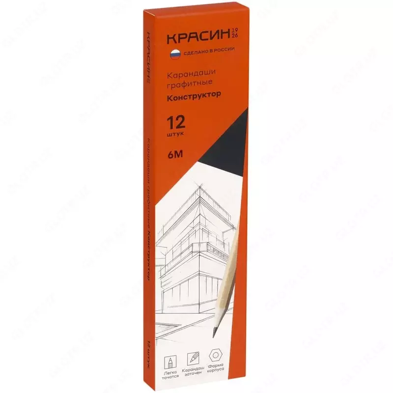 Чернографитный Карандаш "Красин" Конструктор, 6М (6В), светл. дерево, заточен (Арт.- С-331)