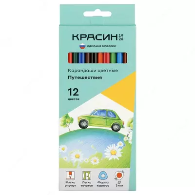 Rangli qalamlar to'plami "Krasin" Travel, 12 dona, kartalar. o'ram, o'tkir (m. - KR-120800)