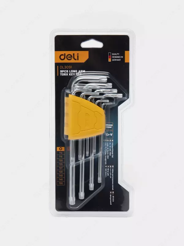 "TORX" tugmalari to'plami (uzun) "Deli Tools" olti burchakli, 9 dona, T10-T50 (Art. - EDL3091) Chrome