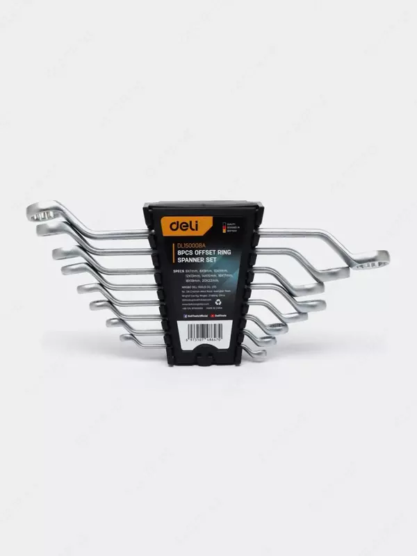 Kalitlar to'plami (ochiq, kavisli) "Deli Tools" 8 dona, 6-22 mm, plastmassa. korpus (Art. - EDL150008A) Chrome