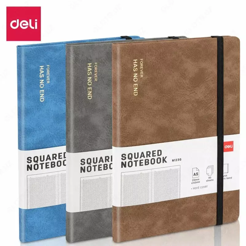 Записная книжка (клетка) "Deli" А5, 210 х 143 мм, 80 л., резинка-застежка, закладка-ляссе (Арт. - 123G-N-gr) Серая