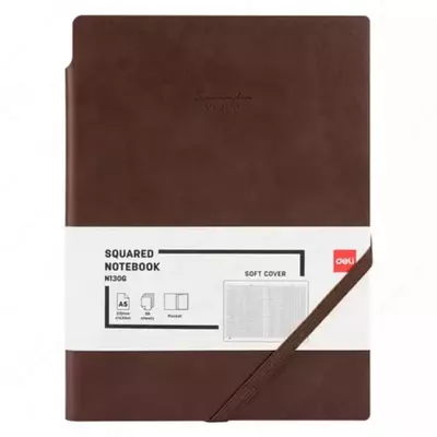 Записная книжка (клетка) "Deli" А5, 210 х 143 мм, 96 л., резинка-застежка, закладка-ляссе (Арт. - 130G-N-br) Коричневая