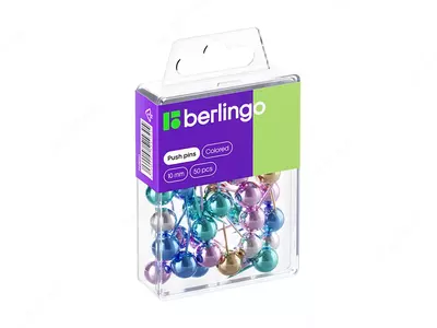 Канцелярские силовые кнопки-гвоздики "Berlingo" металлиз.,10 мм, 50 шт., пласт. бокс (Арт. - PN5020) Ассортимент