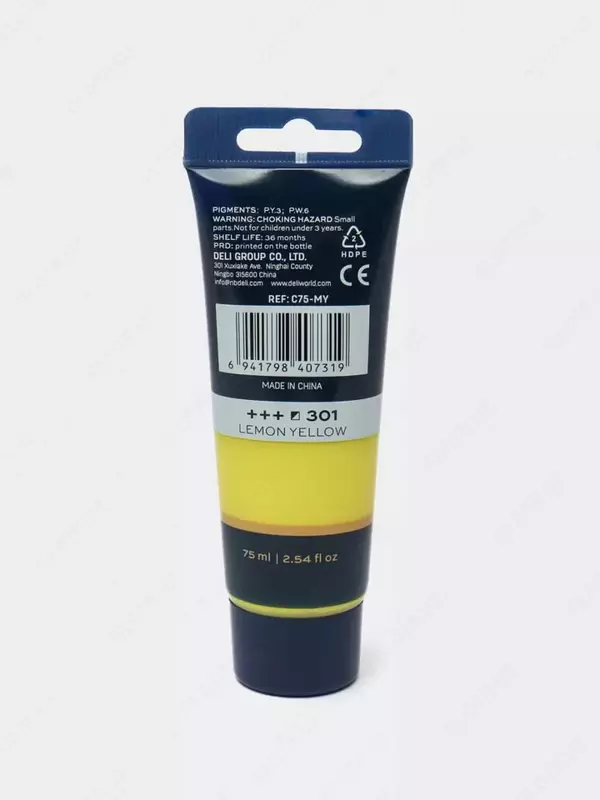 Художественная акриловая краска № 301 "Deli" Finenolo, 75 мл, туба (Арт. - 75-MY-EC) Лимонно/желтая