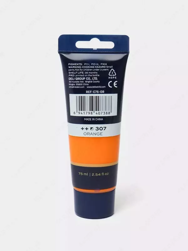 Художественная акриловая краска № 307 "Deli" Finenolo, 75 мл, туба (Арт. - 75-OR-EC) Оранжевая