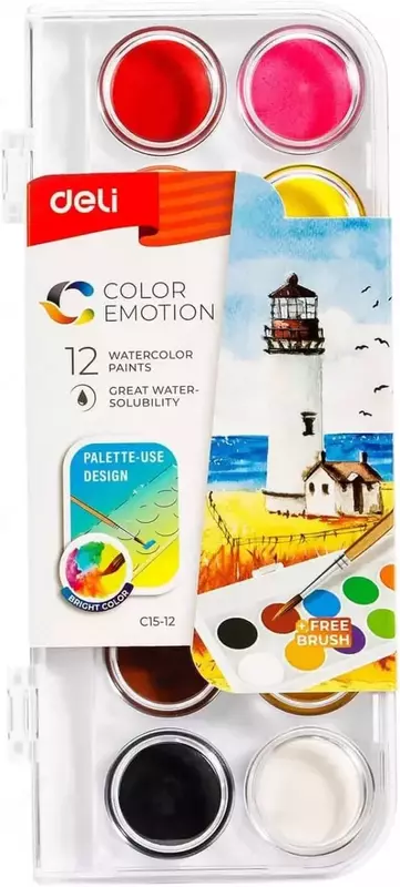 Акварельные краски с кисточкой "Deli" Color Emotion, 12 цв. (Арт. - 15-12-EC)