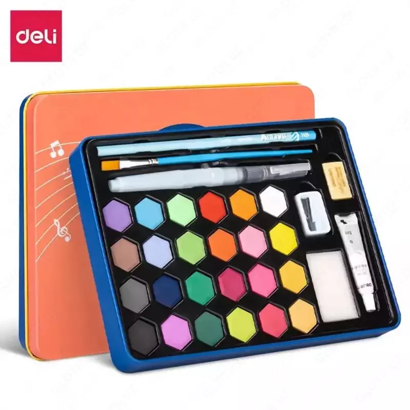 Akvarel bo'yoqlarining badiiy to'plami "Deli" 36 rang, metall. qalam qutisi, aksessuarlar (m. - 73936-36)