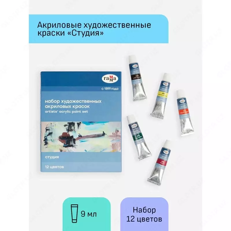 Декоративные акриловые краски "Гамма" Студия, 9 мл, 12 цв., туба, карт. уп. (Арт. - 15032021)