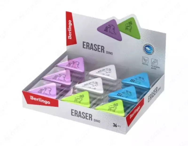 Корректирующий ластик (треугольный) "Berlingo" Dino, карт.дисплей, 4 цв. (Арт. - BLc_00690) Ассортимент