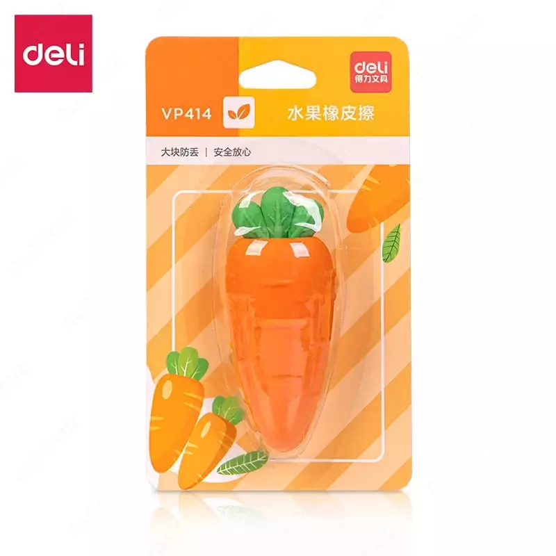 Корректирующий ластик (треугольный) "Deli" Морковка, TPR, блистер (Арт. - 414-VP-or) Оранжевый/зеленый