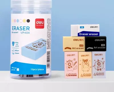 Корректирующий ластик "Deli" 2В/4В, 42 х 17 х 10 мм, пластиковая туба, 15 шт. (Арт. - 404-VP) Ассортимент