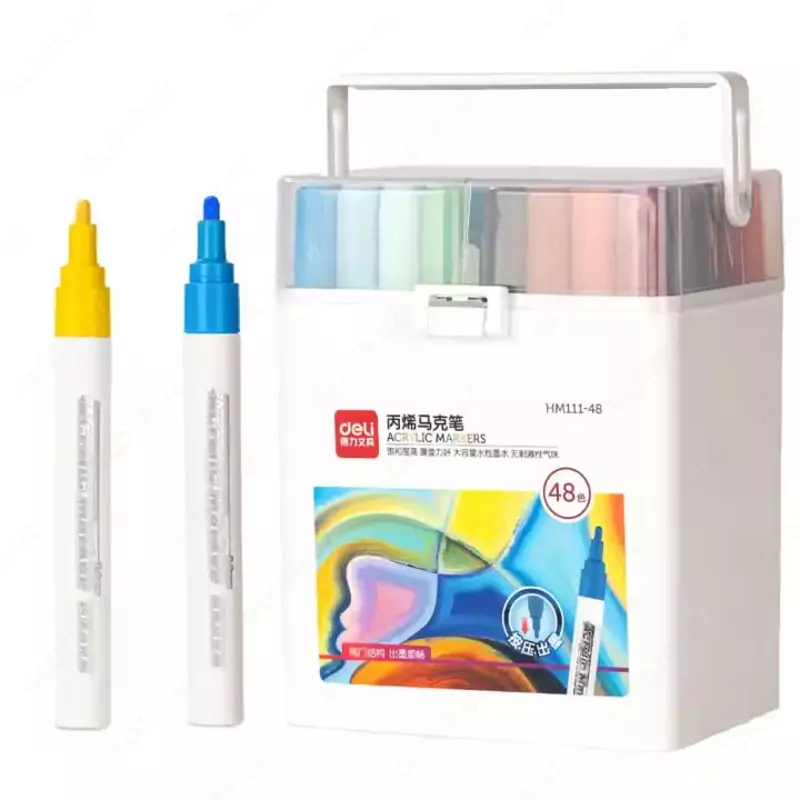 Akril markerlarni qadoqlash (bir tomonlama) "Deli" 48 dona, plastmassa. tutqichli quti (modda - 111-48-HM)