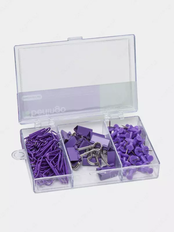 "Berlingo" kichik ofis aksessuarlari to'plami, 120 dona, pastel, plastmassa. yuqoriga. (Art. - Mcn_12000a) Binafsha rang