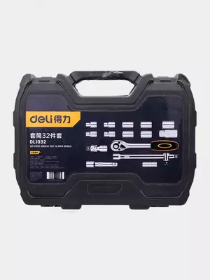 Набор торцевых головок и ключей "Deli Tools" dl1032, 1/2", муфты из стали 50bv30 Cr-V, пласт. кейс, 32 шт. (Арт. - EDL1032)