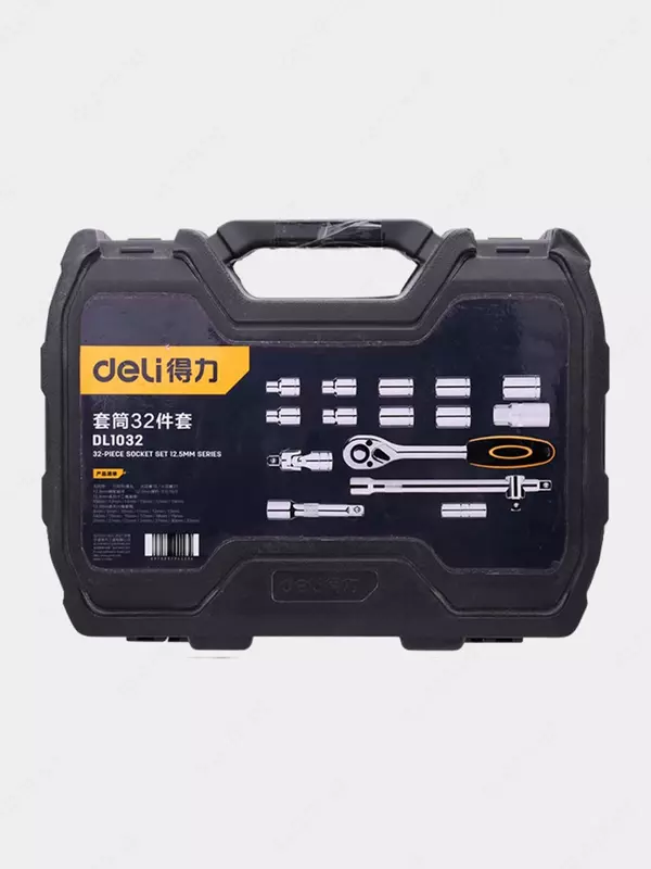 Набор торцевых головок и ключей "Deli Tools" dl1032, 1/2", муфты из стали 50bv30 Cr-V, пласт. кейс, 32 шт. (Арт. - EDL1032)