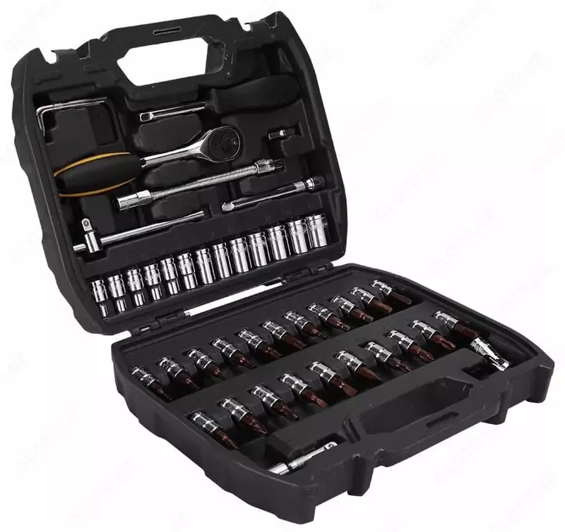 Набор торцевых головок и ключей "Deli Tools", 1/4", муфты из стали Cr-V, пласт. кейс, 46 шт. (Арт. - EDL1046)