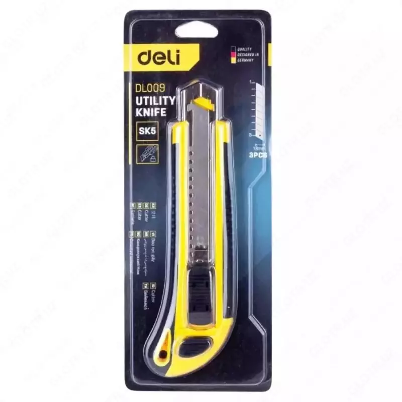Нож канцелярский "Deli" утилитный, пластиковый, желтый-черный.