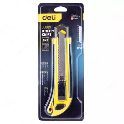 Нож канцелярский "Deli" утилитный, пластиковый, желтый-черный.