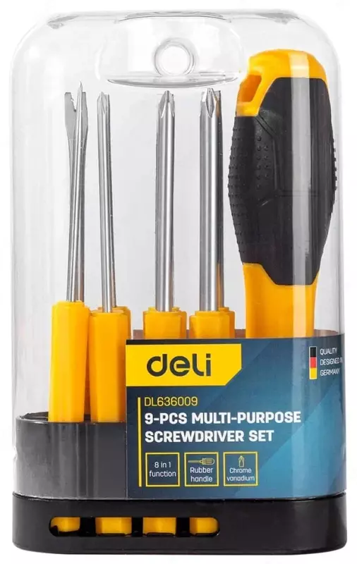 Набор отверток 8 в 1 (плоский шлиц, крестовая, биты) "Deli Tools", SL/РНx128 мм, 9 шт., пласт. подставка (Арт.- EDL636009)