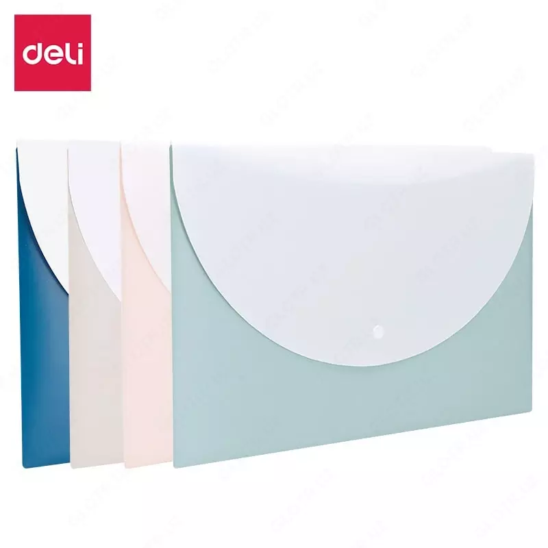 Пластиковая папка-конверт на кнопке "Deli" А4, 1 отд., 333 х 231 мм, 180 мкм (Арт.- 763-EF) Ассортимент