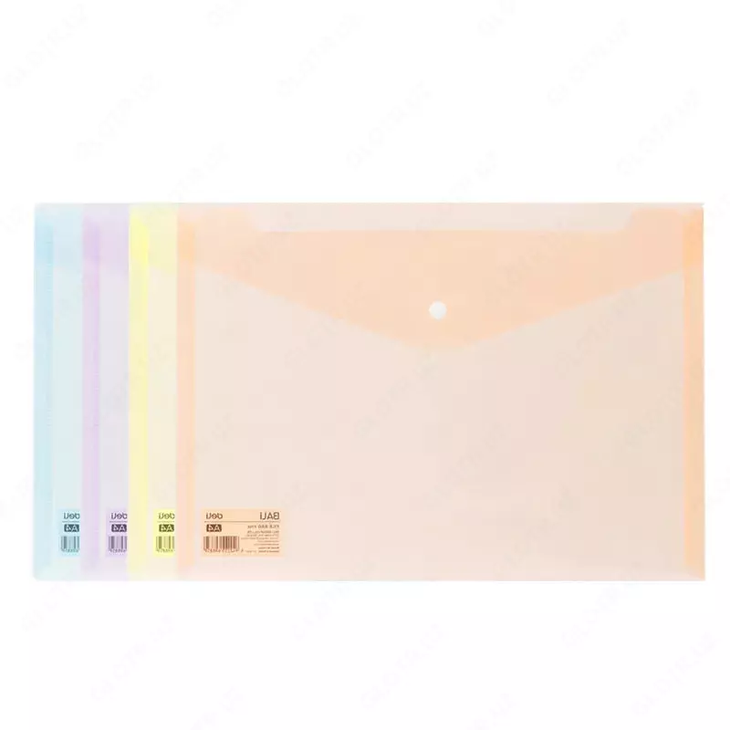 "Deli" A4 tugmasi bo'lgan plastik papka-konvert, 1 bo'lim, 331 x 237 mm, 160 mikron (Art. - 766-EF) Assortiment
