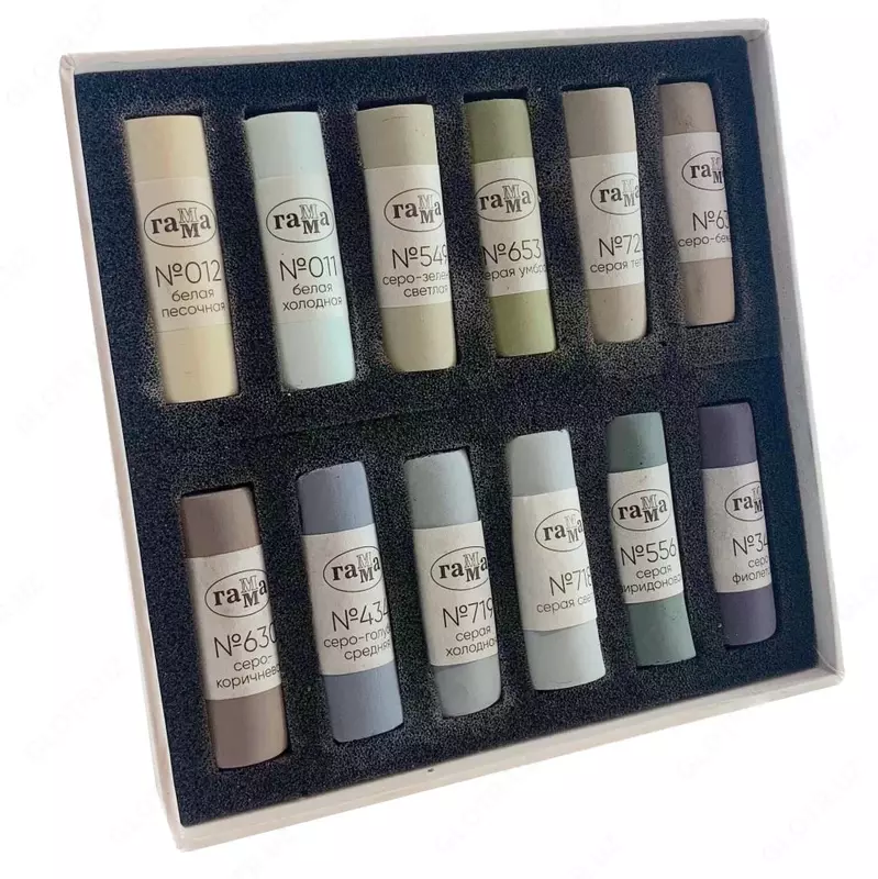 "Gamma" quruq pastel rangli qalamlarning qadoqlanishi Kulrang, 12 rang, karton. yuqoriga. (m. - 108202312)