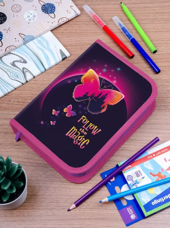 Детский пенал "Berlingo" Magic butterfly, 1+1 доп. отд, 200 х 140 х 40 мм, полиэстер (Арт. - PK11004) Цв. ассорти