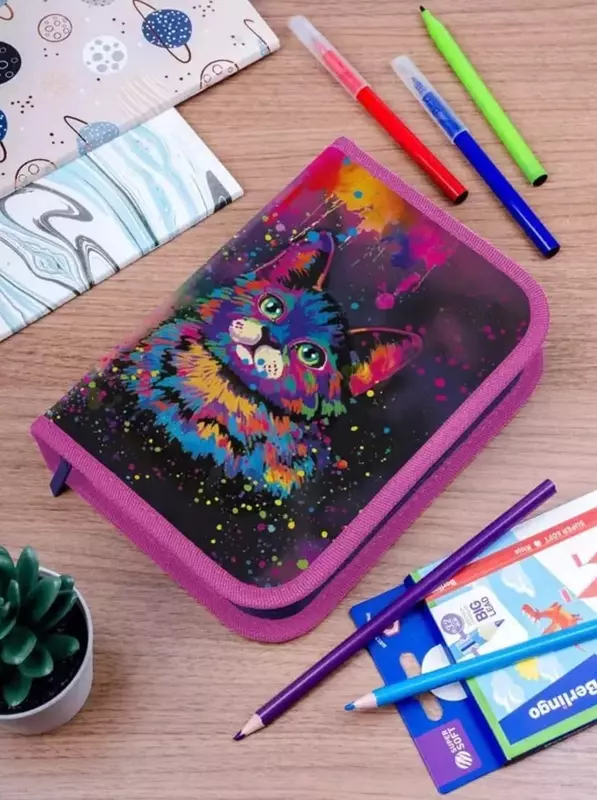 Bolalar qalam qutisi "Berlingo" Neon mushuk, 1+2 qo'shing. alohida, 200 x 140 mm, polyester (Art. - PK12011) Rang. turli xil