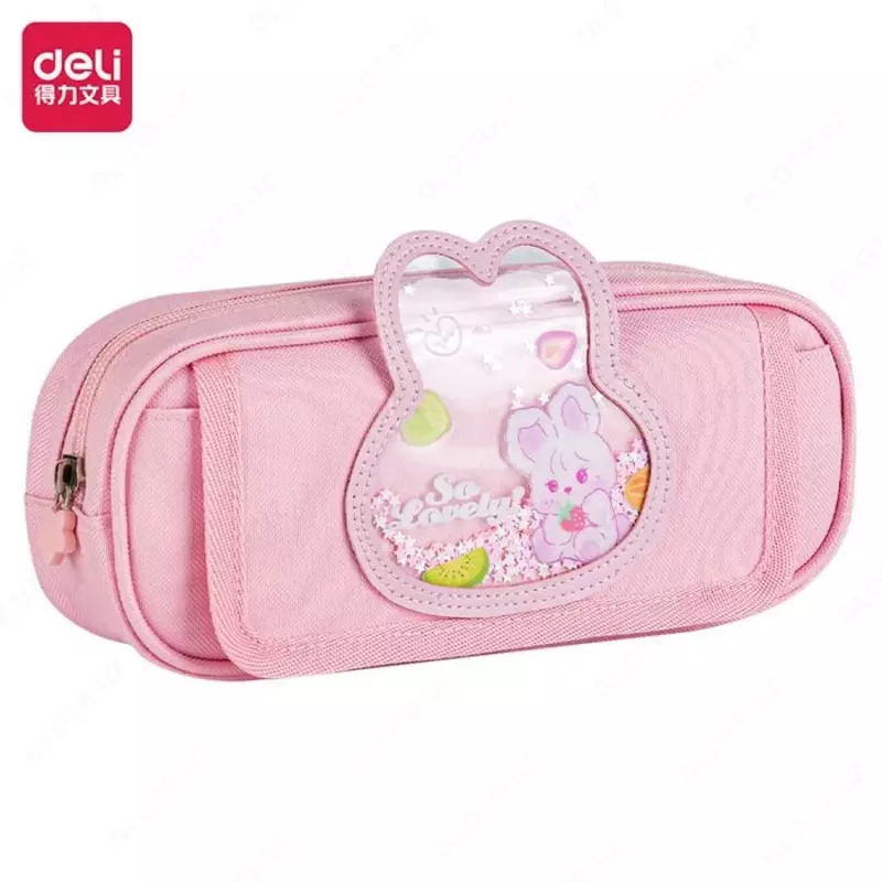 Maktab qalam qutisi (to'rtburchaklar) "Deli" Sweet, 2 bo'linma, 220 x 85 x 45 mm, to'qimachilik (Art. - 223-BC-pk) Pushti