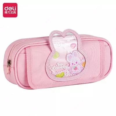 Maktab qalam qutisi (to'rtburchaklar) "Deli" Sweet, 2 bo'linma, 220 x 85 x 45 mm, to'qimachilik (Art. - 223-BC-pk) Pushti